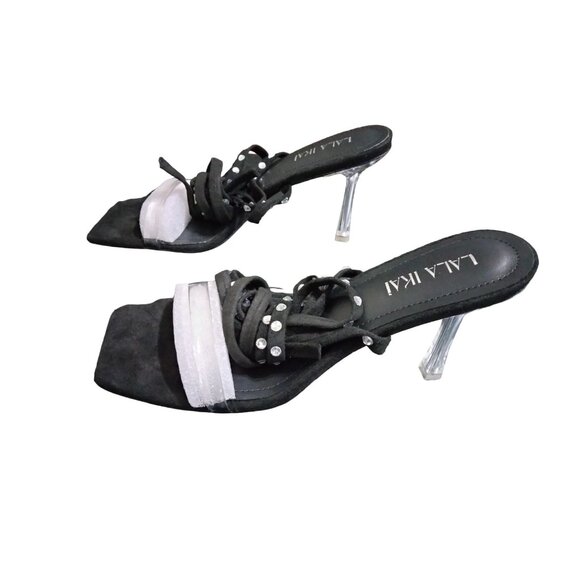 Lala Ikai Clear Strap Square Toe Rhinestone Strappy 3.5" Stiletto Sandals Size 9 - Picture 8 of 12